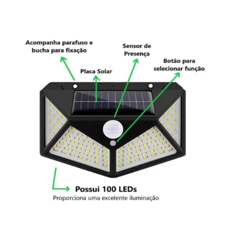 Luminária Solar Parede 100 Led Sensor Recarregável Com 3 Funções