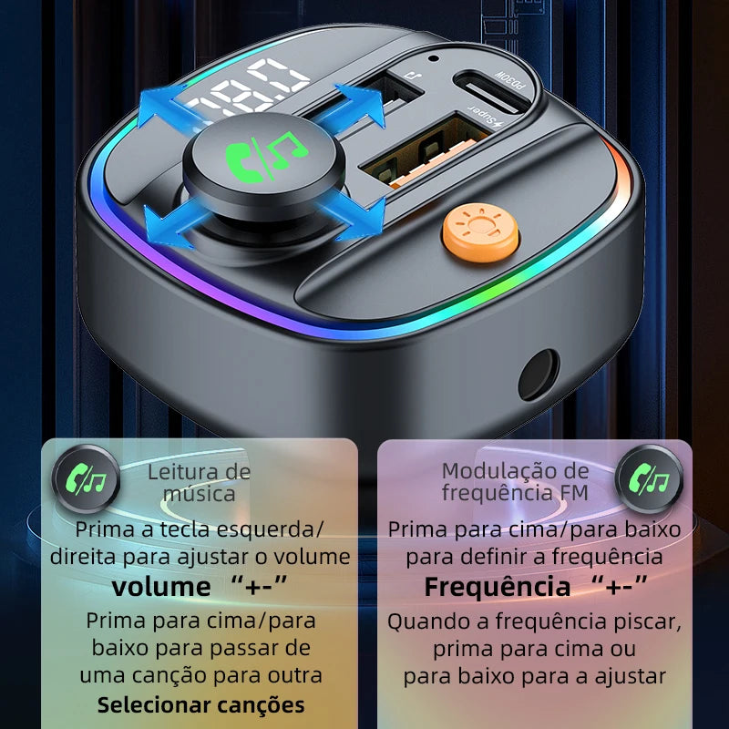 Transmissor FM Bluetooth 5.3 rádio modulador MP3 player - Acessório para carro.