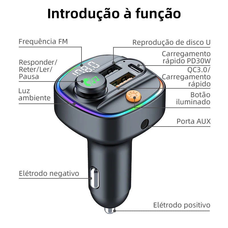 Transmissor FM Bluetooth 5.3 rádio modulador MP3 player - Acessório para carro.