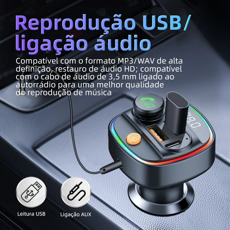 Transmissor FM Bluetooth 5.3 rádio modulador MP3 player - Acessório para carro.